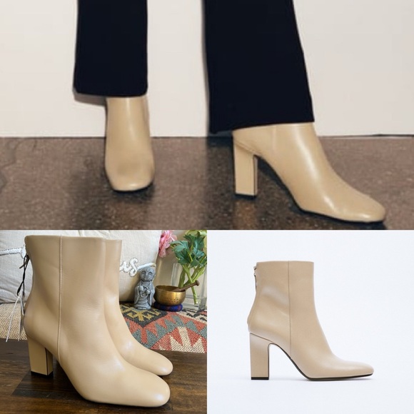 ZARA Cream Soft Leather Rounded Square Toe Zip Up Block Heel Ankle